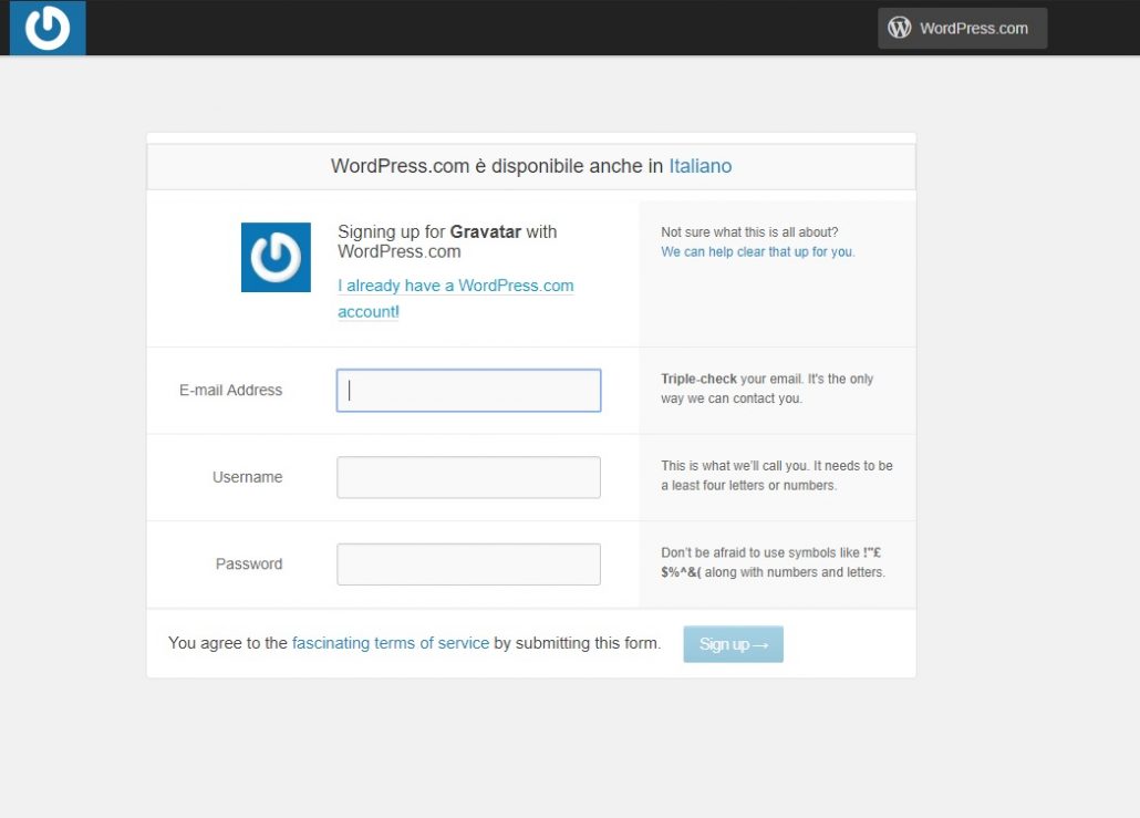 gravatar register form