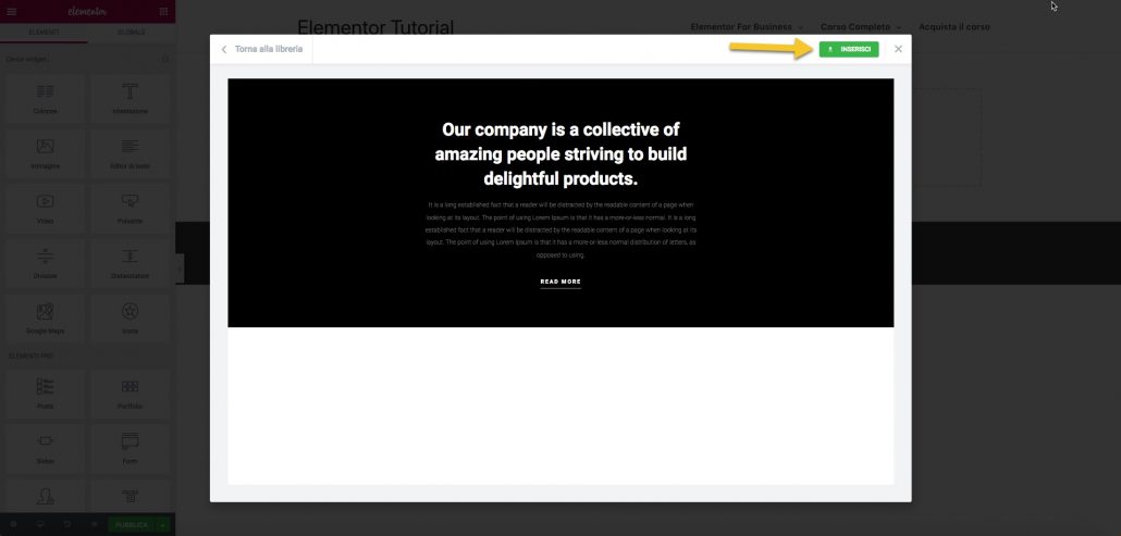 Elementor 2.0 inserire Blocco