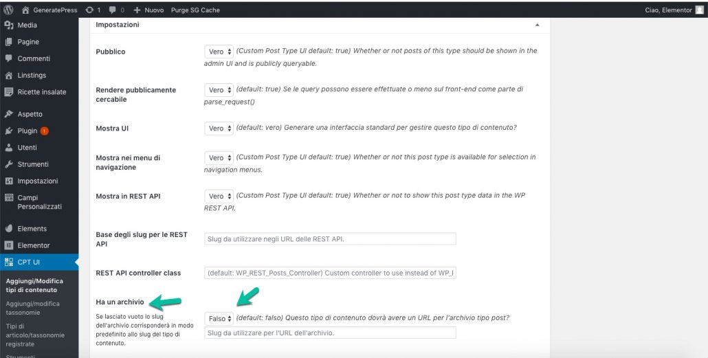 CPT UI Impostazioni archivio 
