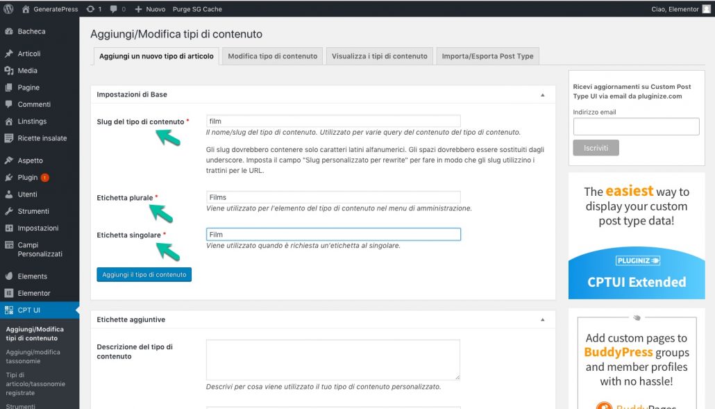 CPT UI impostazioni di base