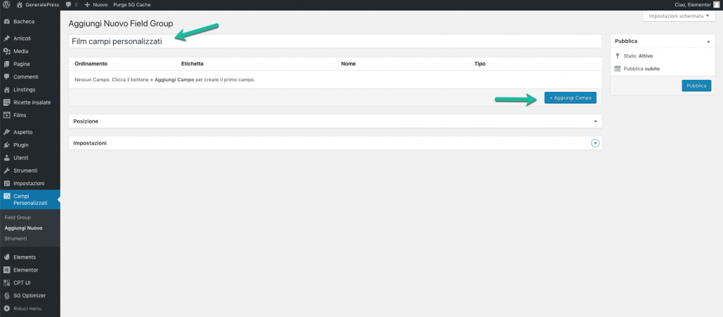 Campi personalizzati aggiungi gruppo:campo