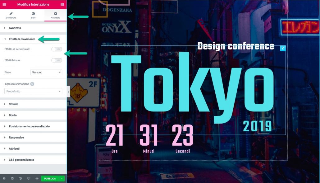 Elementor effetti di movimento