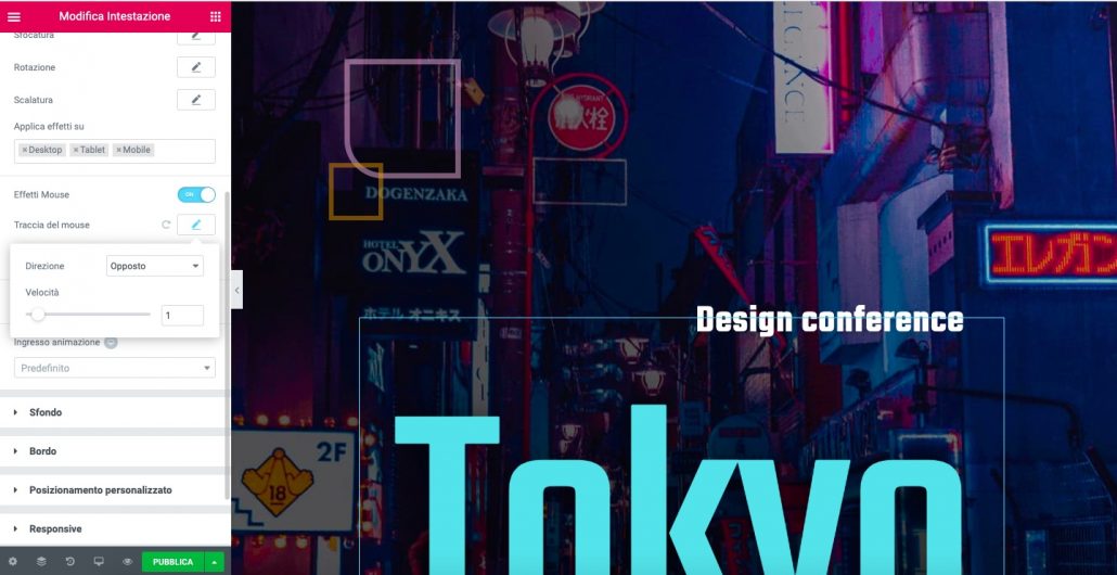 Impostazioni mouse effects elementor