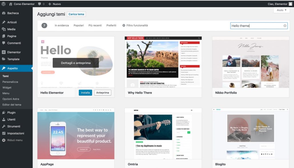 Hello Elementor Installazione