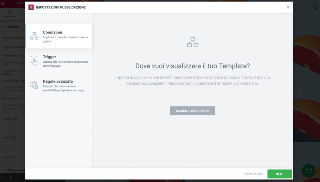 Elementor Popup condizione di visualizzazione