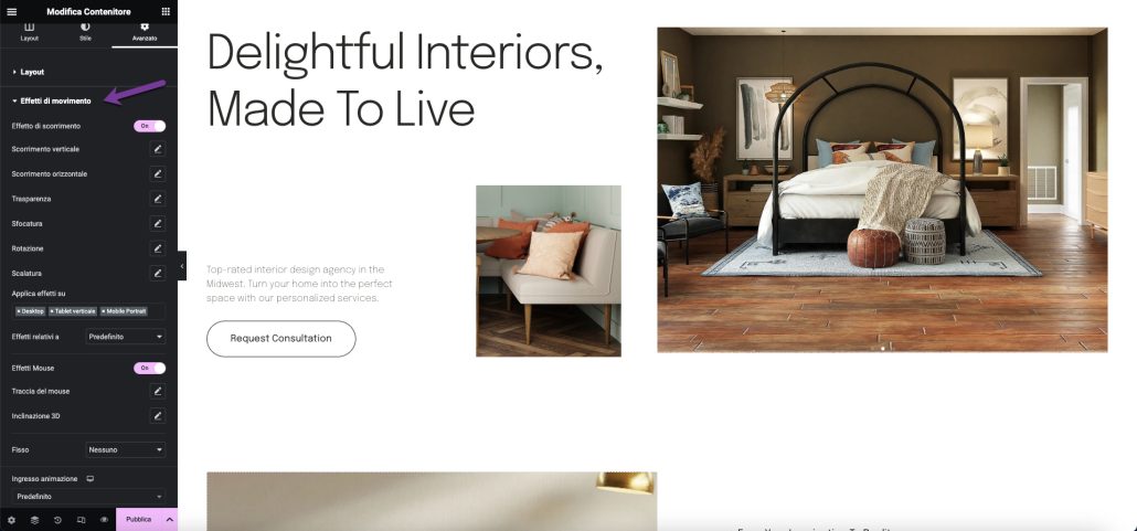 Elementor effetti di movimento