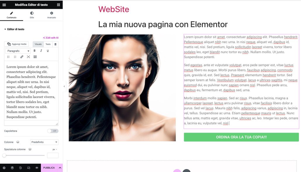 Elementor editore pagina