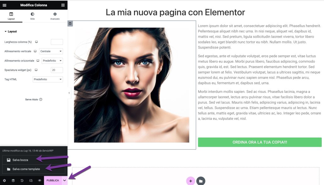 Elementor pubblicazione pagina
