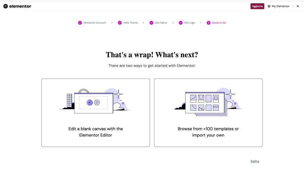 Elementor wizard iniziare