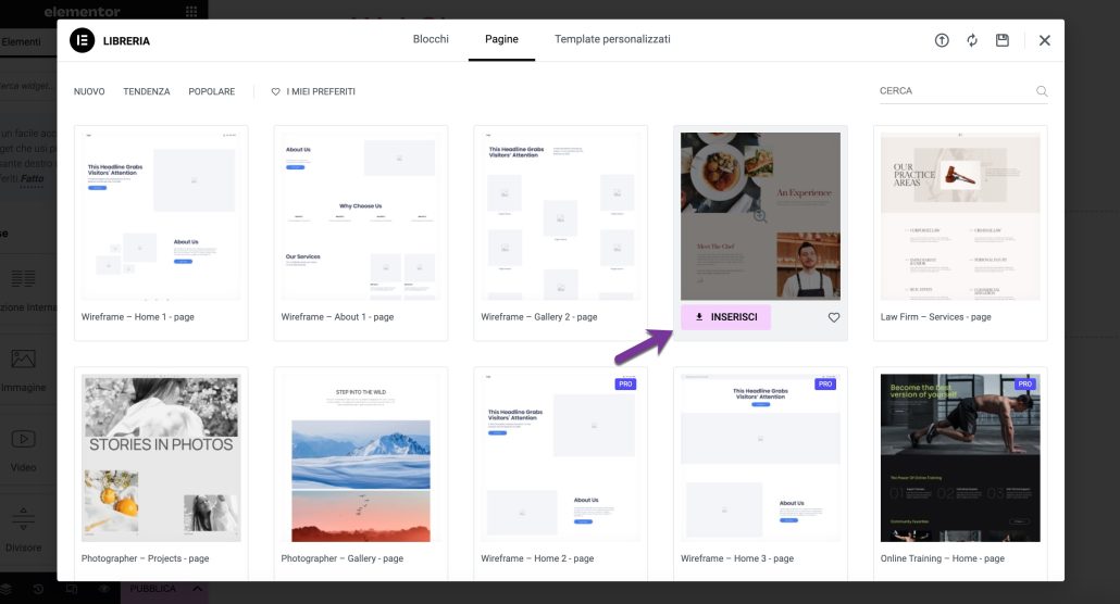 Layout Elementor inserisci