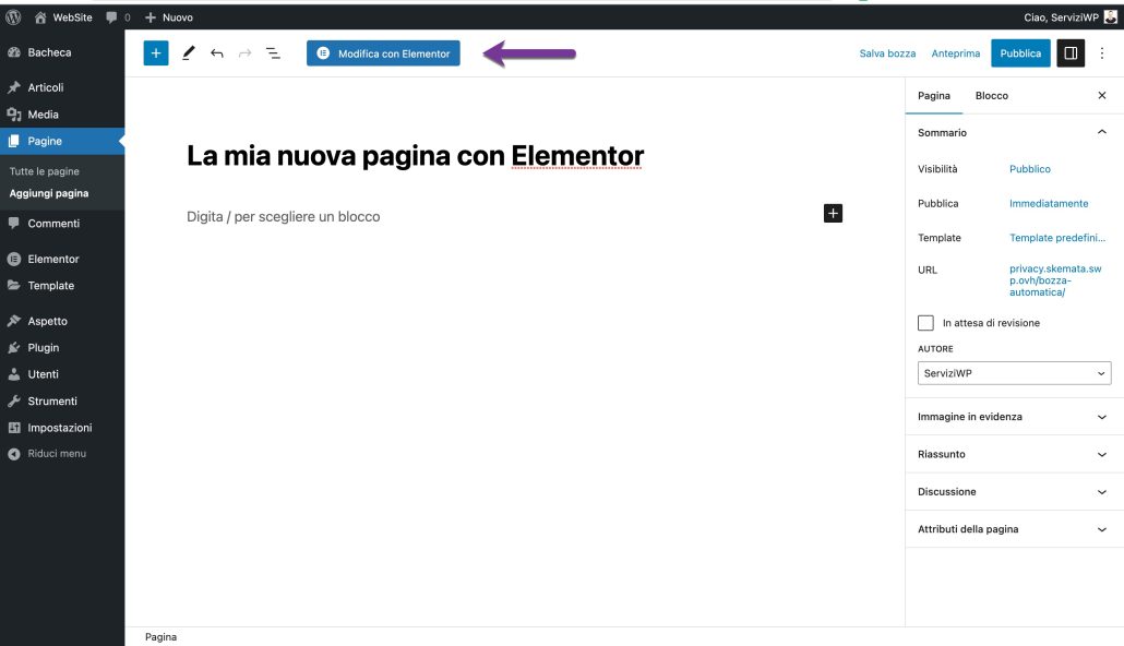 creare una pagina con elementor