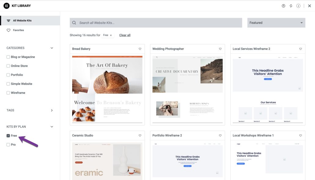 Elementor Kit library by plan